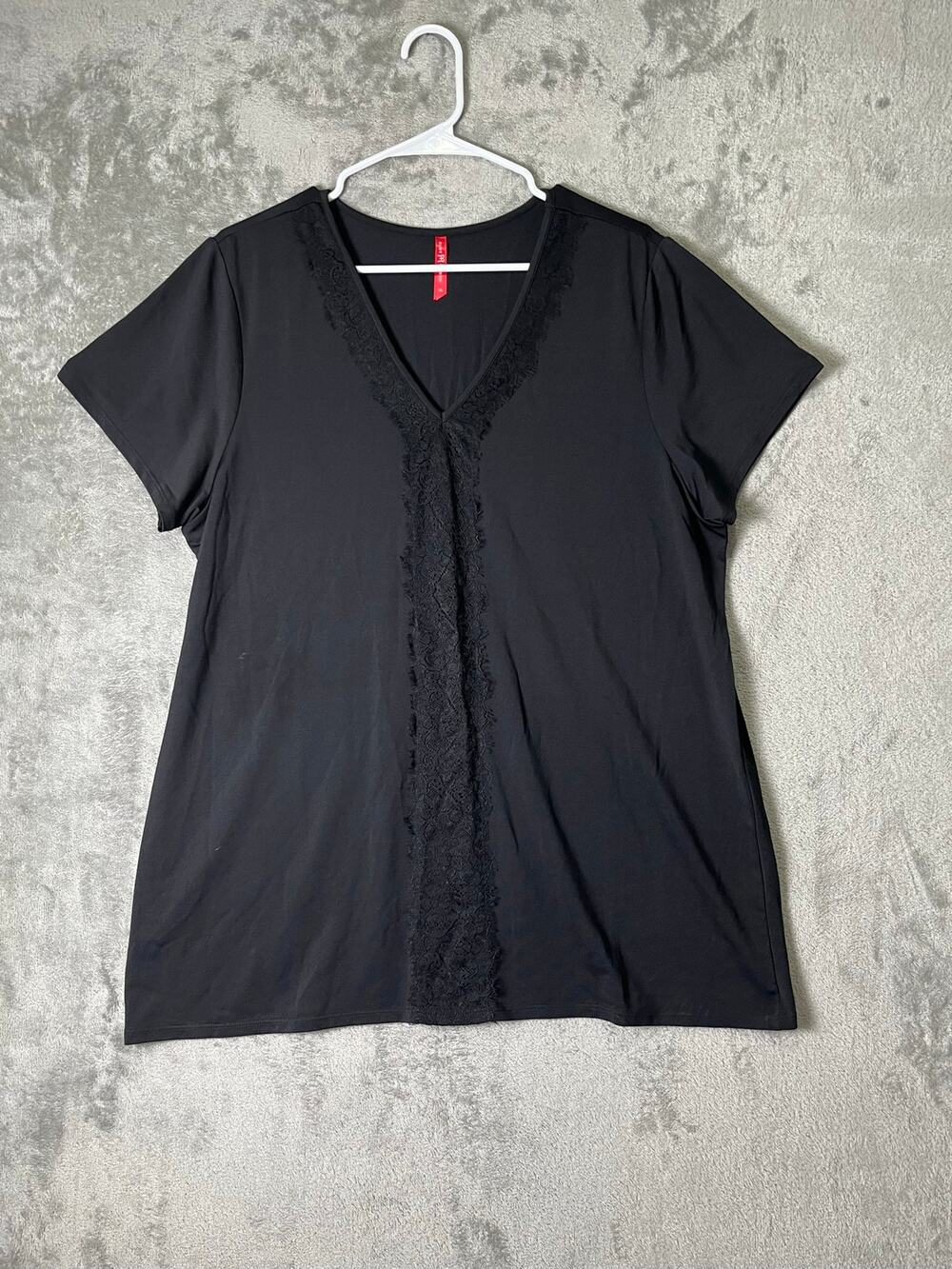 Ruby Ribbon XL Black V Neck Lace Trim Short Sleeve Top Stretch Blouse